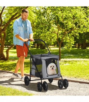 PawHut One-click Foldable Pet Stroller w/ Mesh Windows, for Small Pets - Grey