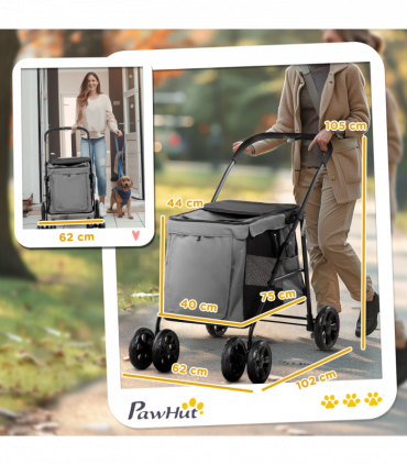 PawHut One-click Foldable Pet Stroller w/ Mesh Windows, for Small Pets - Grey