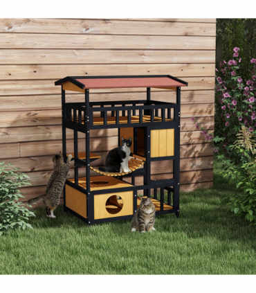 PawHut Outdoor Cat House w/ Suspension Bridge, Houses, Balcony