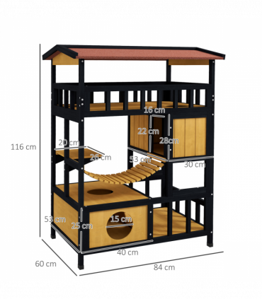 PawHut Outdoor Cat House w/ Suspension Bridge, Houses, Balcony