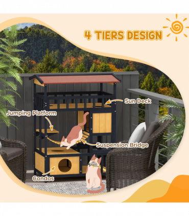 PawHut Outdoor Cat House w/ Suspension Bridge, Houses, Balcony