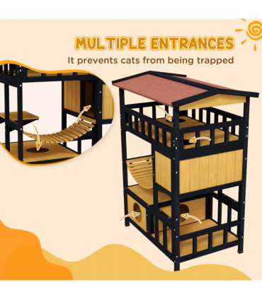 PawHut Outdoor Cat House w/ Suspension Bridge, Houses, Balcony