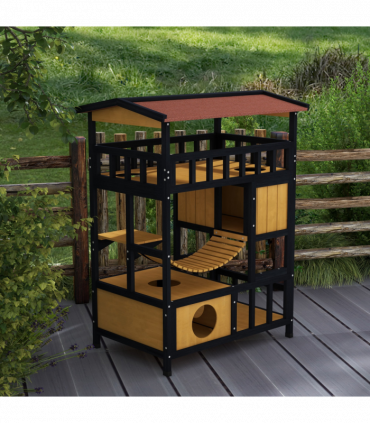 PawHut Outdoor Cat House w/ Suspension Bridge, Houses, Balcony