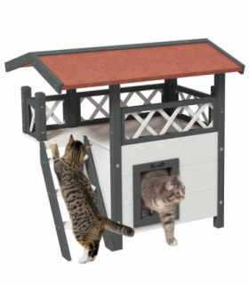 PawHut Outdoor Cat House with Balcony Stairs Roof, White