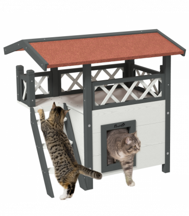 PawHut Outdoor Cat House with Balcony Stairs Roof, White