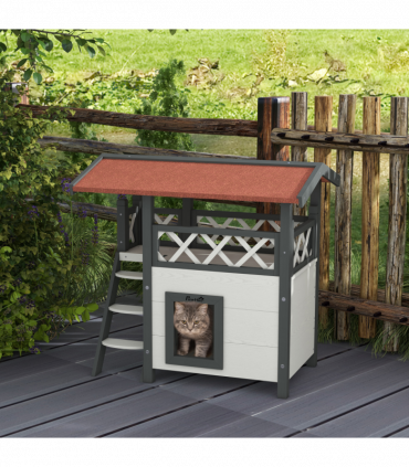 PawHut Outdoor Cat House with Balcony Stairs Roof, White
