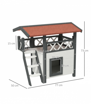 PawHut Outdoor Cat House with Balcony Stairs Roof, White