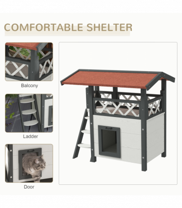 PawHut Outdoor Cat House with Balcony Stairs Roof, White