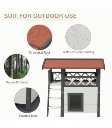 PawHut Outdoor Cat House with Balcony Stairs Roof, White