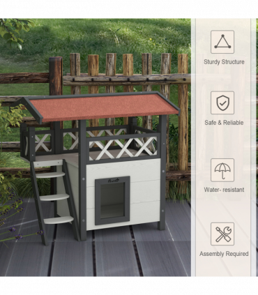 PawHut Outdoor Cat House with Balcony Stairs Roof, White