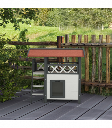 PawHut Outdoor Cat House with Balcony Stairs Roof, White