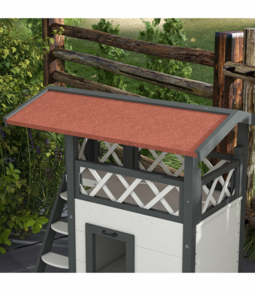 PawHut Outdoor Cat House with Balcony Stairs Roof, White