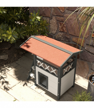 PawHut Outdoor Cat House with Balcony Stairs Roof, White