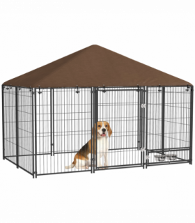 PawHut Outdoor Dog House Kennel with Canopy Top & Lock Rotating Bowl Holder