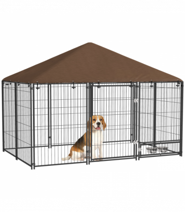 PawHut Outdoor Dog House Kennel with Canopy Top & Lock Rotating Bowl Holder