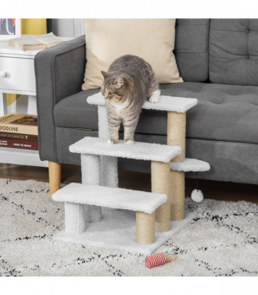PawHut Pet Stair with 3-step Climb Ladder, Scratching Posts, White