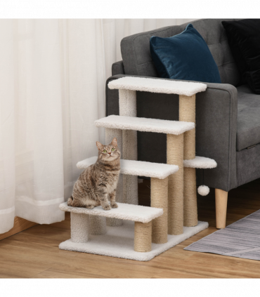 PawHut Pet Stair with 4-step Climb Ladder, Scratching Posts, White