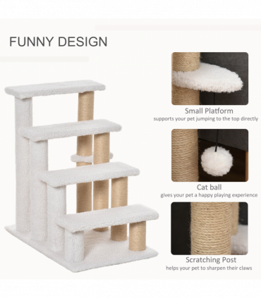 PawHut Pet Stair with 4-step Climb Ladder, Scratching Posts, White