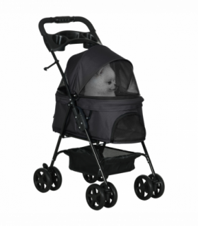 PawHut Pet Stroller Foldable Travel Carriage w/ Brake Basket Canopy, Black