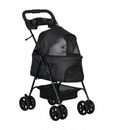 PawHut Pet Stroller Foldable Travel Carriage w/ Brake Basket Canopy, Black