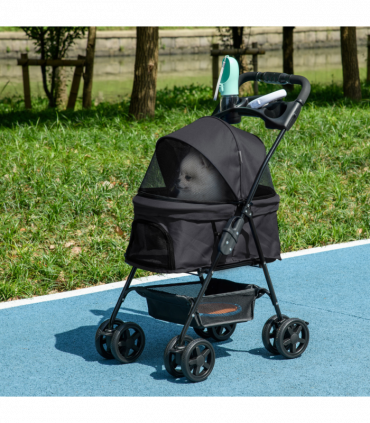 PawHut Pet Stroller Foldable Travel Carriage w/ Brake Basket Canopy, Black