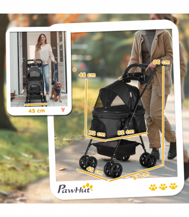 PawHut Pet Stroller Foldable Travel Carriage w/ Brake Basket Canopy, Black