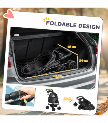 PawHut Pet Stroller Foldable Travel Carriage w/ Brake Basket Canopy, Black