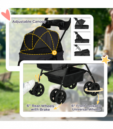PawHut Pet Stroller Foldable Travel Carriage w/ Brake Basket Canopy, Black