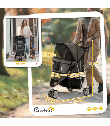 PawHut Pet Stroller Pushchair Carrier for Cat Puppy with 3 Wheels Dark Grey