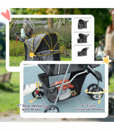 PawHut Pet Stroller Pushchair Carrier for Cat Puppy with 3 Wheels Dark Grey