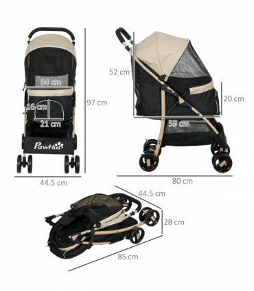 PawHut Pet Stroller for XS and S Dogs with Rain Cover - Khaki