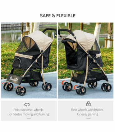 PawHut Pet Stroller for XS and S Dogs with Rain Cover - Khaki