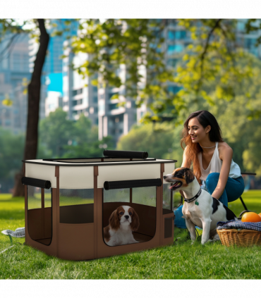 PawHut Portable Dog Pen for Puppies, Rabbits, Kittens, Guinea Pigs - Brown