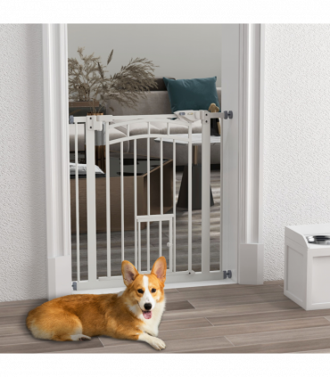 PawHut Pressure Fit, Safety Gate Dog Gate w/ Small Cat Door Opening, 74-80cm