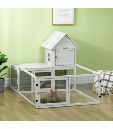 PawHut Rabbit Hutch Guinea Pig Cage w/ Slide-Out Tray, Fenced Area
