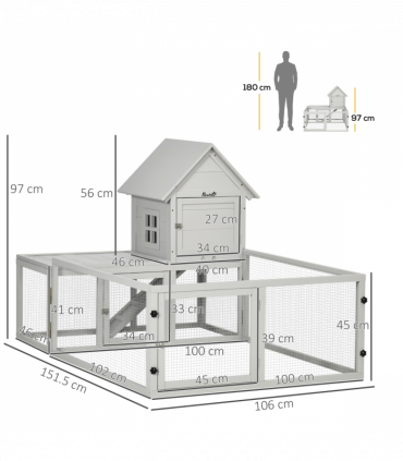 PawHut Rabbit Hutch Guinea Pig Cage w/ Slide-Out Tray, Fenced Area