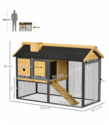 PawHut Rabbit Hutch Outdoor Bunny Cage w/ Run, Removable Tray 120 x 55.5 x 80cm