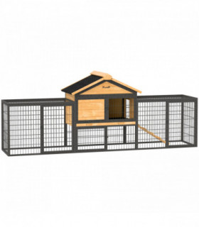 PawHut Rabbit Hutch Outdoor with Steel Run Removable Plastic Tray Natural