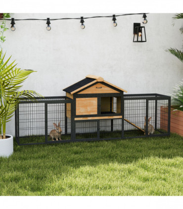 PawHut Rabbit Hutch Outdoor with Steel Run Removable Plastic Tray Natural