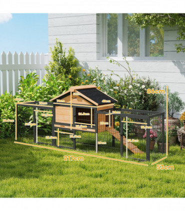 PawHut Rabbit Hutch Outdoor with Steel Run Removable Plastic Tray Natural