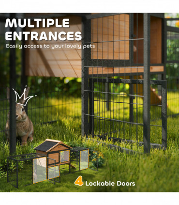 PawHut Rabbit Hutch Outdoor with Steel Run Removable Plastic Tray Natural