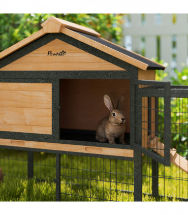 PawHut Rabbit Hutch Outdoor with Steel Run Removable Plastic Tray Natural