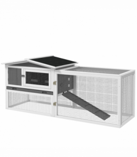 PawHut Rabbit Hutch and Run Outdoor w/ Sliding Tray Hay Rack Ramp, 156x58x68cm