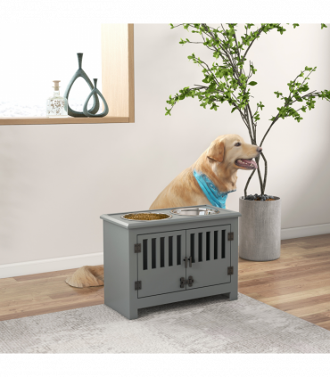 PawHut Raised Dog Bowls for Large Dogs Feeding Station with Stand Storage - Grey