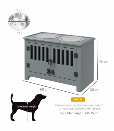 PawHut Raised Dog Bowls for Large Dogs Feeding Station with Stand Storage - Grey
