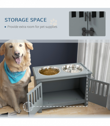 PawHut Raised Dog Bowls for Large Dogs Feeding Station with Stand Storage - Grey