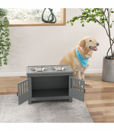 PawHut Raised Dog Bowls for Large Dogs Feeding Station with Stand Storage - Grey
