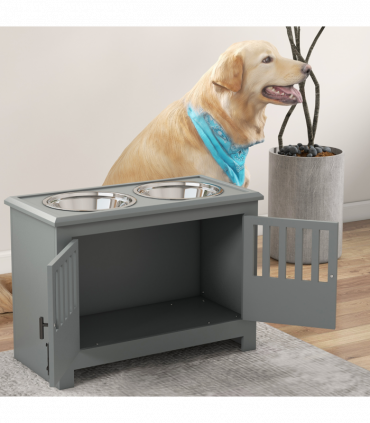 PawHut Raised Dog Bowls for Large Dogs Feeding Station with Stand Storage - Grey