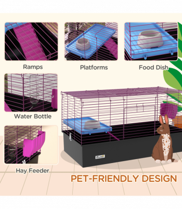 PawHut Small Animal Cage, Rabbit Guinea Pig Hutch, Pet Playhouse, Black