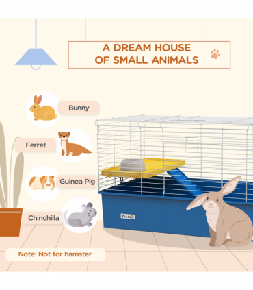 PawHut Small Animal Cage, Rabbit Guinea Pig Hutch, Pet Playhouse, Blue